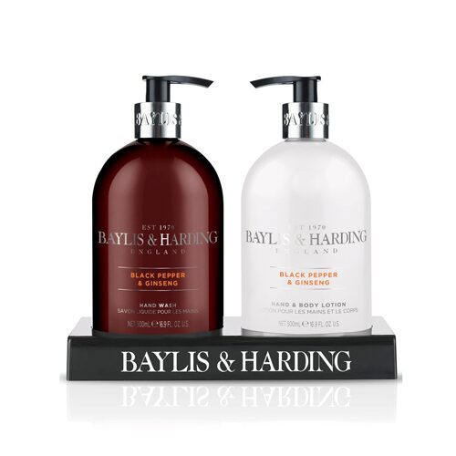 Baylis & Harding Men's Black Pepper & Ginseng 2 Bottle Set In A Black Acrylic Rack